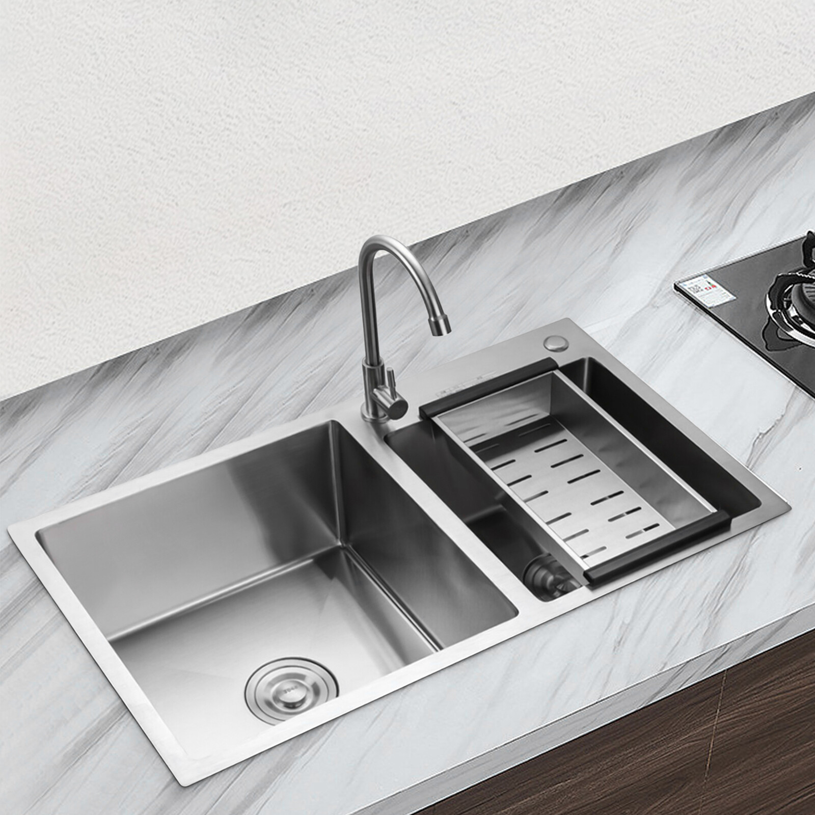 Double Bowl Composite Drop-in Kitchen Sink 2 Bowl Set Stainless Steel