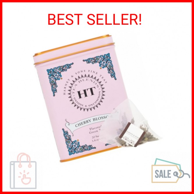 Harney & Sons Caffeinated Blossom Green Tea Tin Sachets Pink 31629, Cherry, 20 C