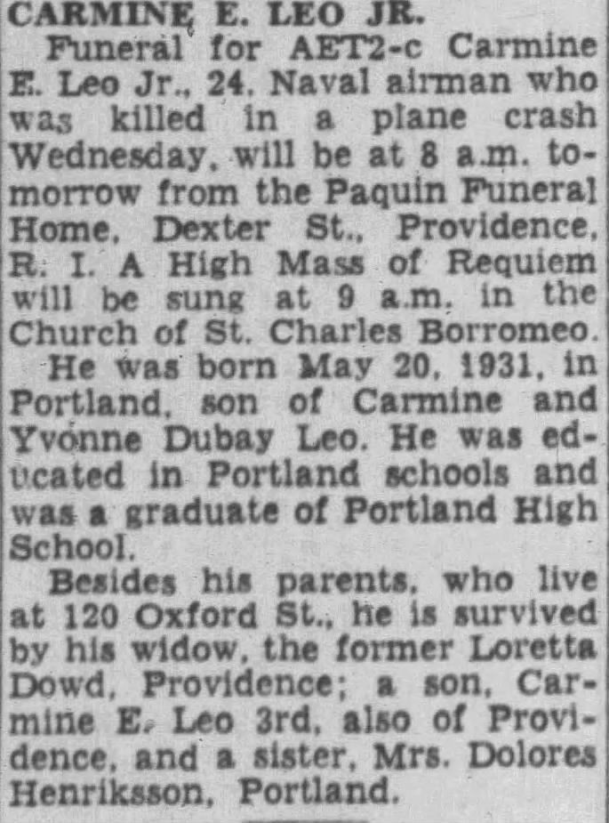 Navy Dog tags Named to AT2 Carmine Enrico Leo. Killed In Crash On June 29th 1955