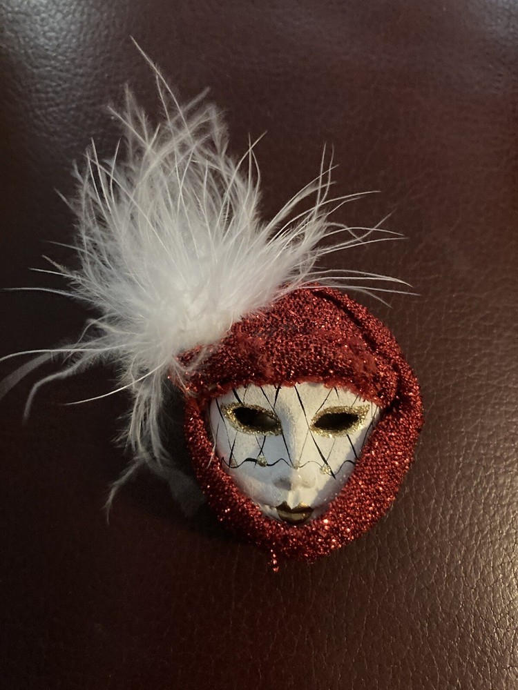 Mardi Gras Mask Brooch With Puffy Plume.