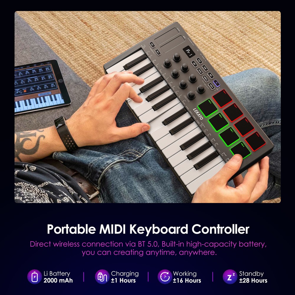 LEKATO MIDI Keyboard Controller 25 Key Rechargeable with 8 Backlit Drum Pads