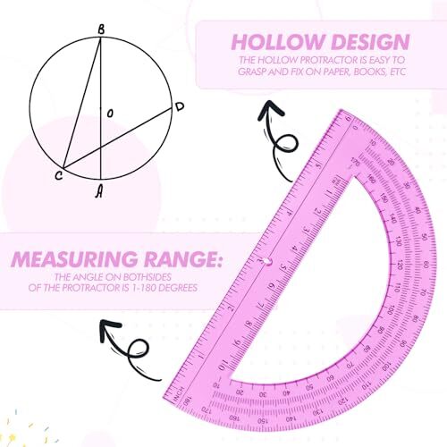 2 Pack 12 Inch Plastic Ruler and 6 Inch Plastic Protractor Set Clear Math Pink