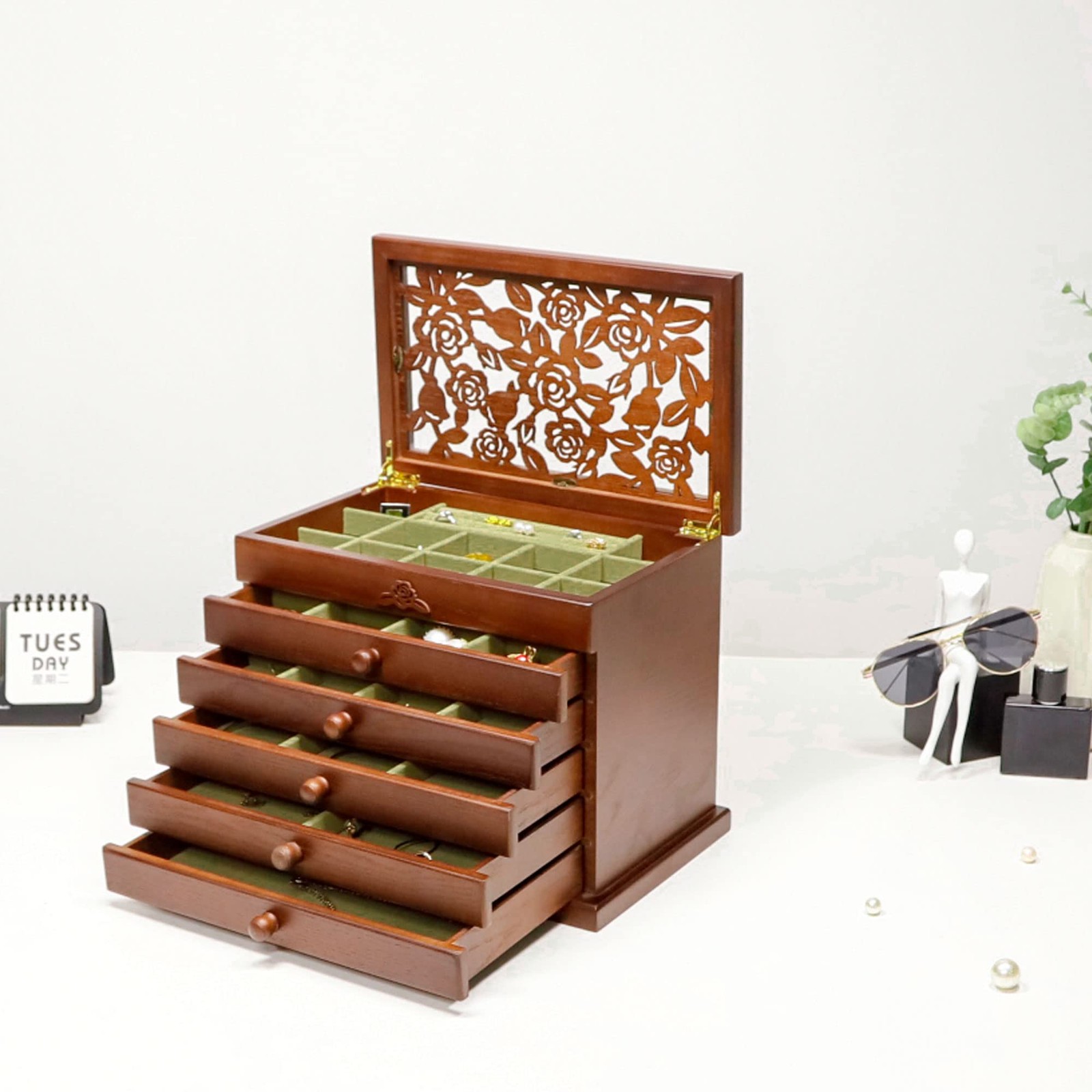 Kendal 6 Layer Wooden Jewelry Box Jewelry Holder Organizer w/ Rose Leaf Pattern