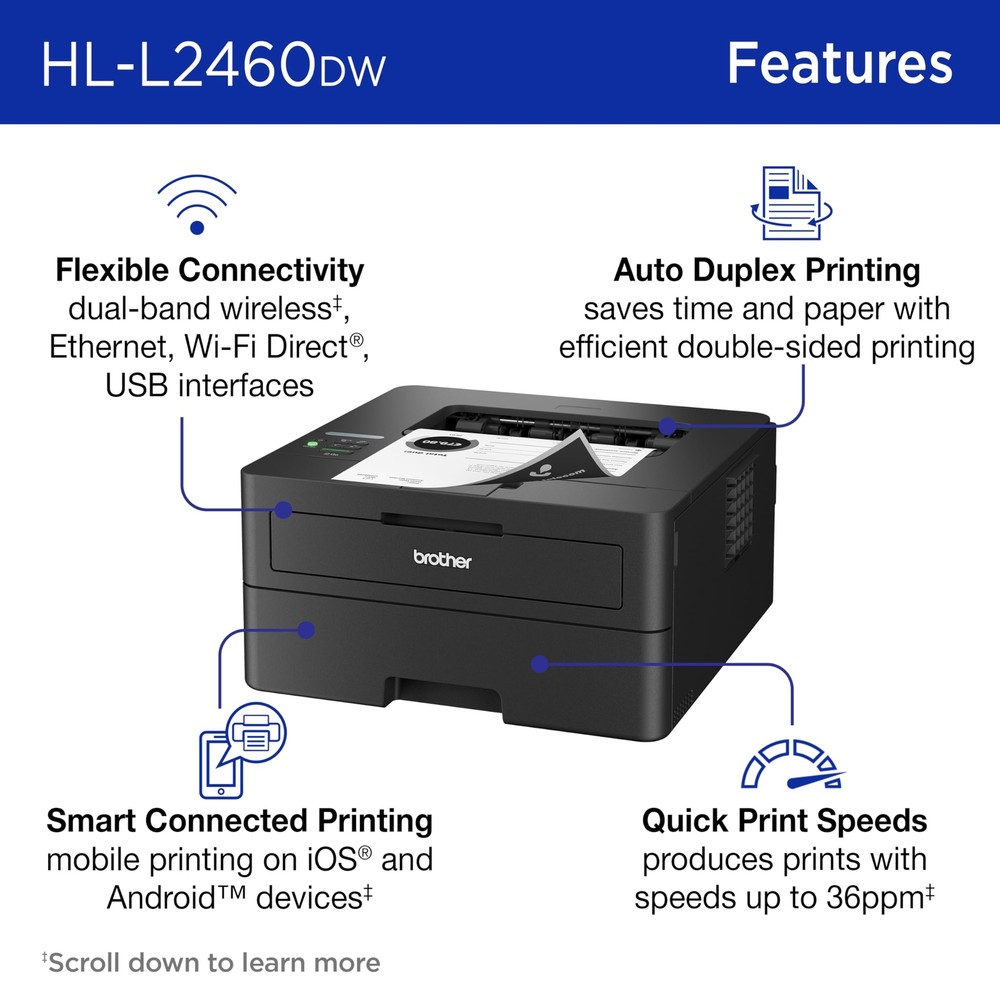 Brother HL-L2460DW Wireless Compact Monochrome Laser Printer With Duplex