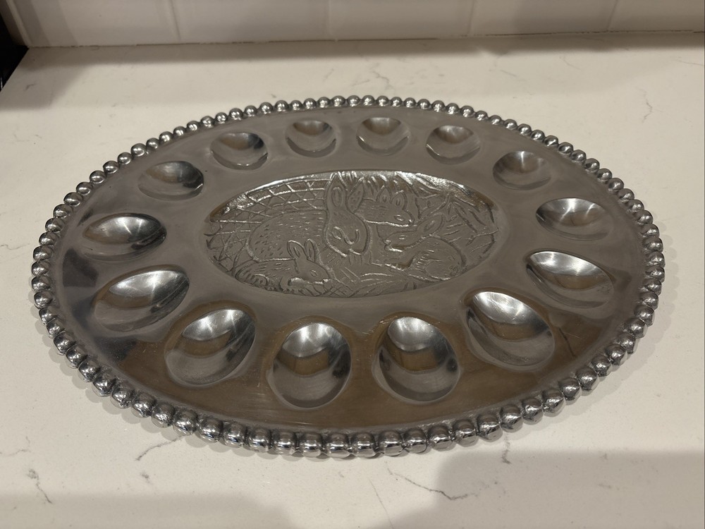 Oval Rabbit Deviled Egg Silver Tone Metal Platter Tray Beaded Trim