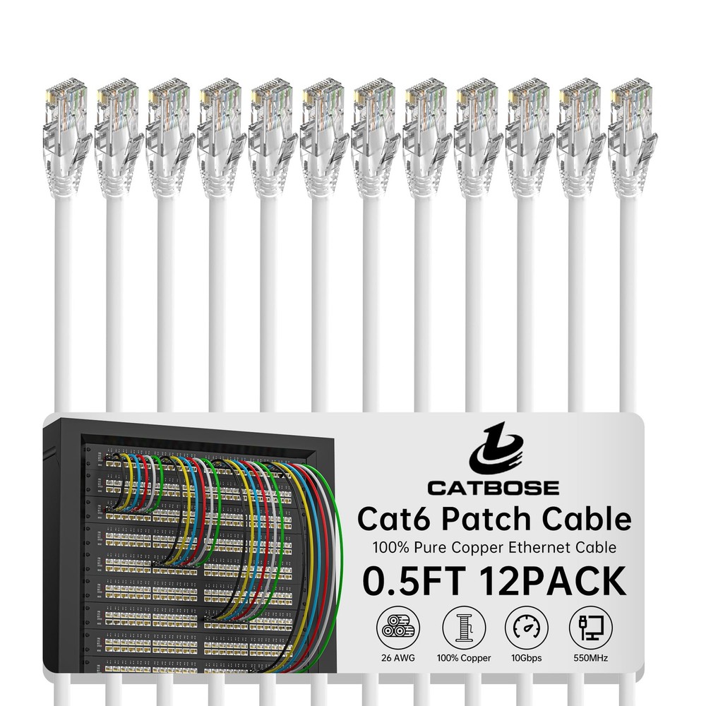 0.5 Foot Cat6 Patch Cables(12 Pack), Solid Pure Copper 0.5FT, White