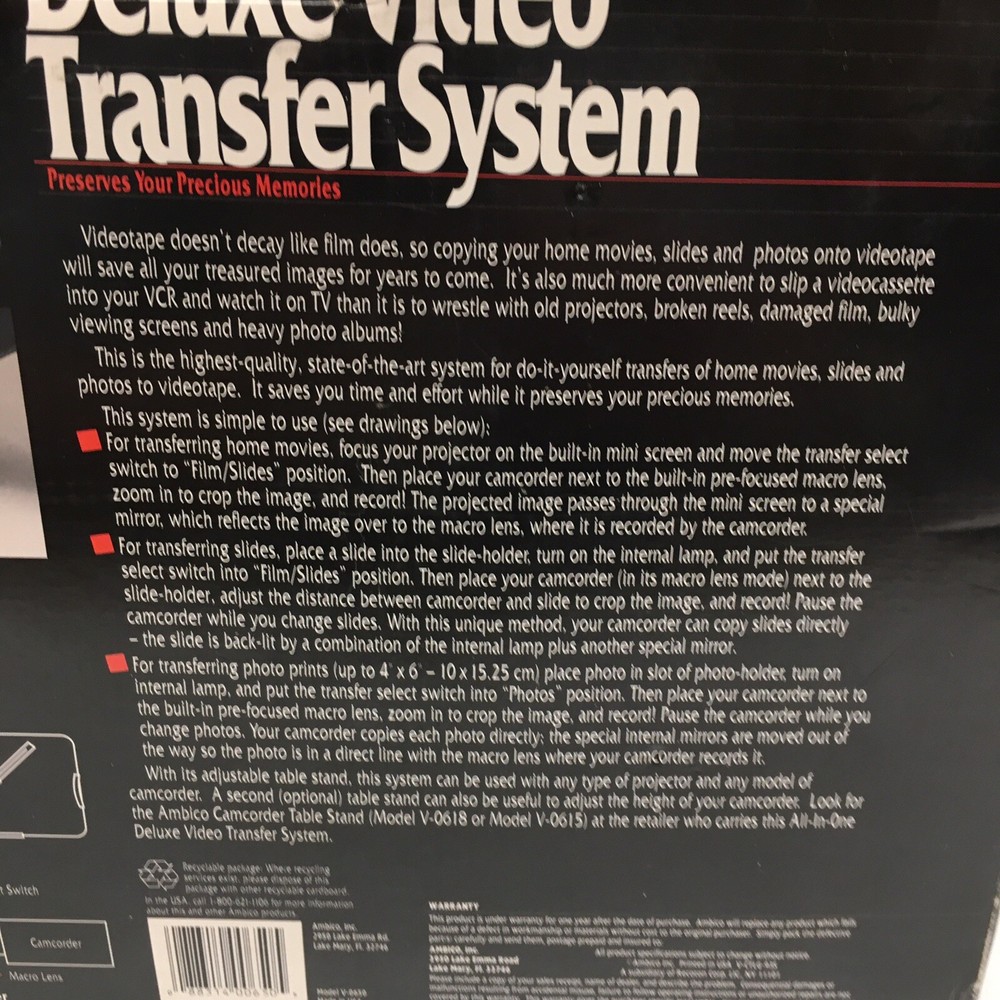 AMBICO Deluxe Video Transfer System Model No. V-0650 Do-it-yourself Untested