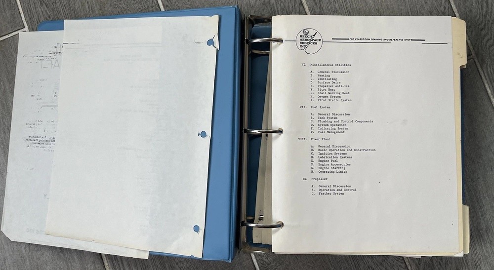 Beachcraft U-8 Aircraft Training Manual for Classroom Training Reference Only Og