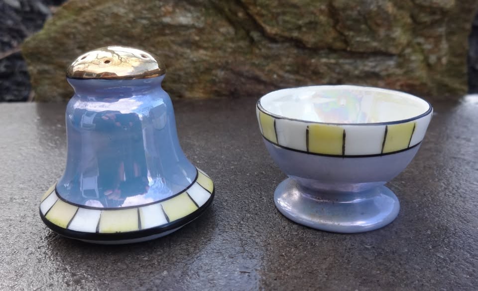 Stacked Lusterware Open Salt Dip, Cellar, Dish & Pepper Shaker!