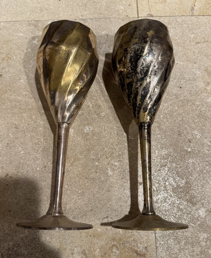 Pair (2) of Silver Plated Long Stem Wine Goblets Decor