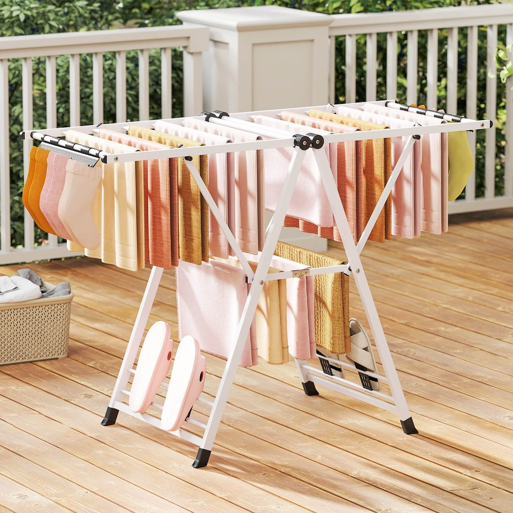 Foldable Metal Laundry Drying Rack w/Height Adjustable Wings, 16 Drying Rails