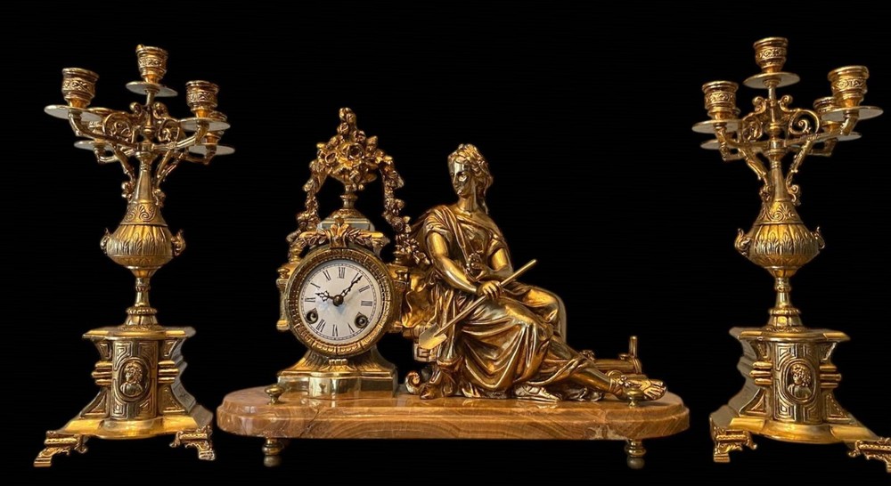 Empire Triptych Gilded Bronze Marble Base Clock and Candlesticks