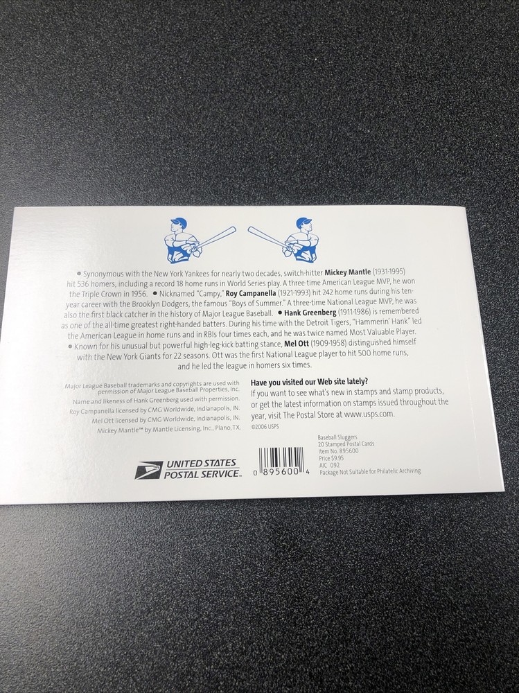 USPS Basebalk Sluggers Stamped Postal Card