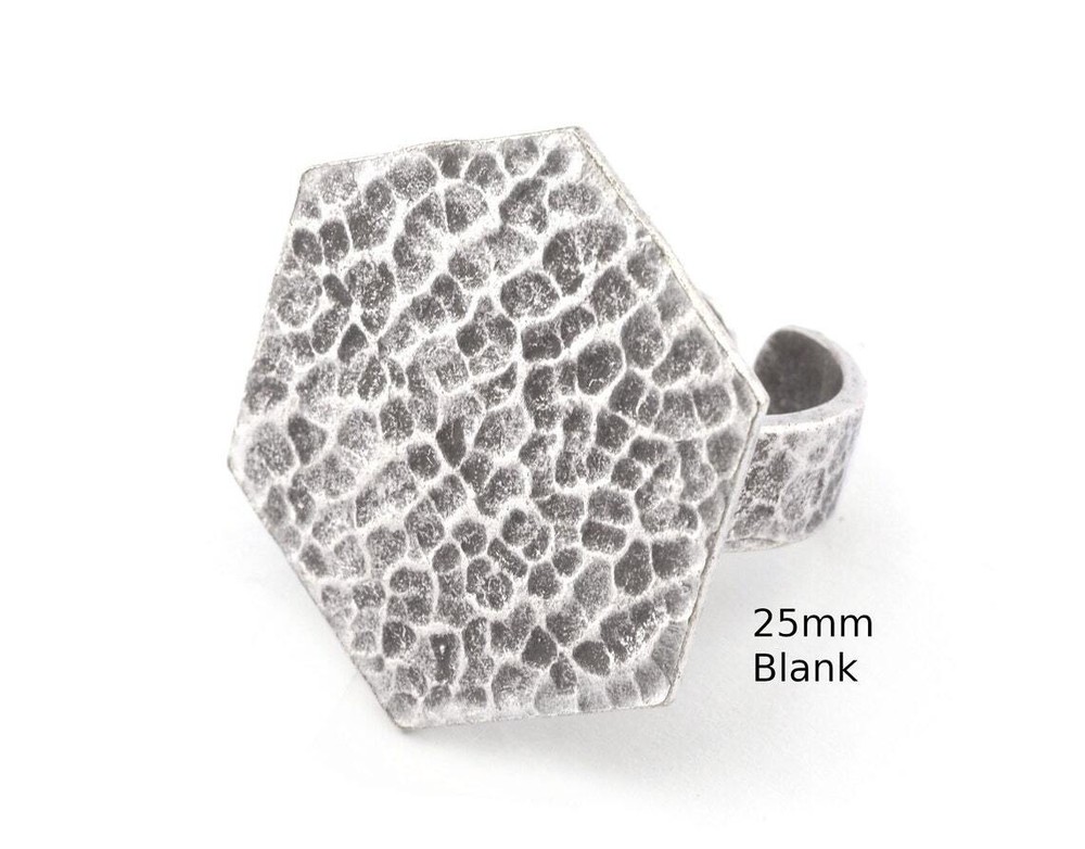 Hexagonal Hammered Adjustable Ring Blank - Antique Silver Plated Brass 25mm 4952