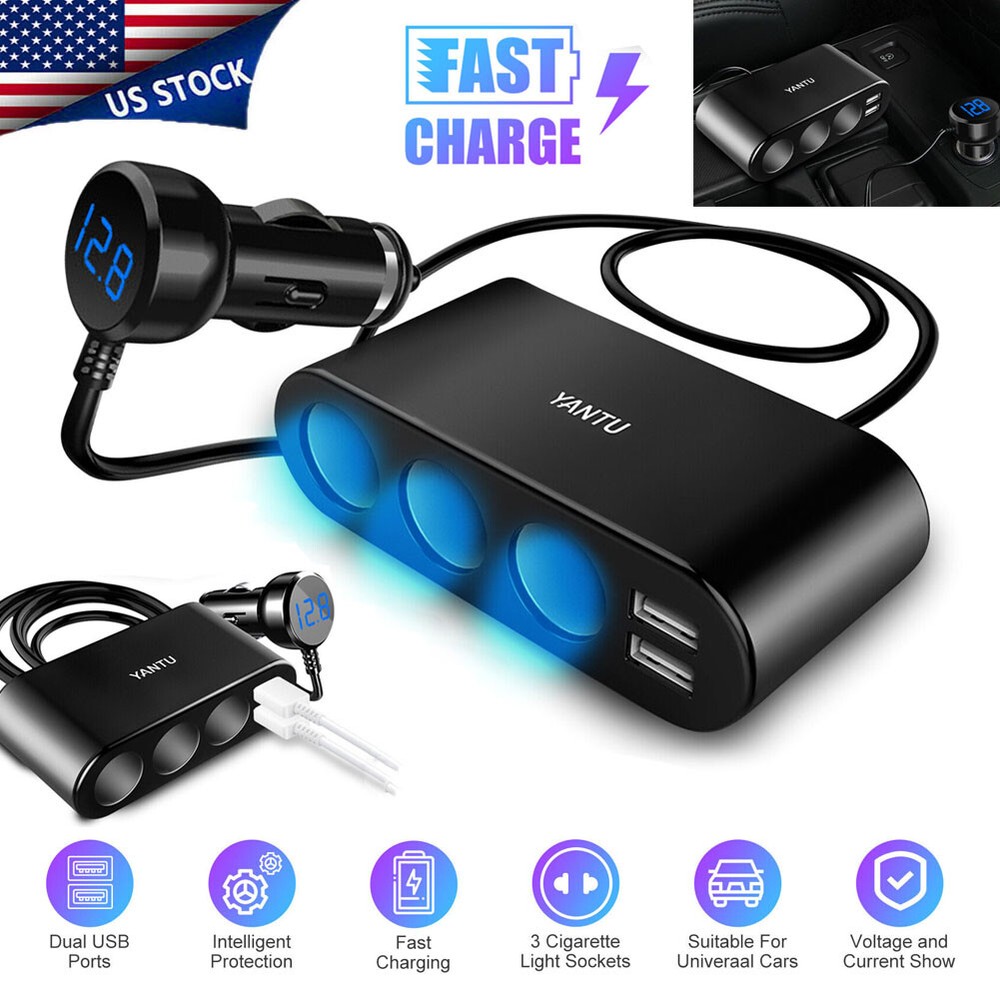 3 Way Car Cigarette Lighter Socket Splitter 12V Dual USB Charger Power Adapter