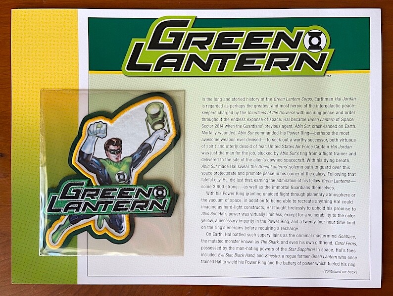 GREEN LANTERN PATCH on INFO CARD ~ Willabee & Ward ~ DC COMICS PATCH COLLECTION