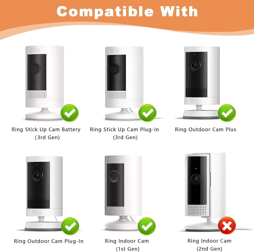 2-Pack Adjustable Ring Camera Wall Mount - 360° Rotation, No Drill Installation