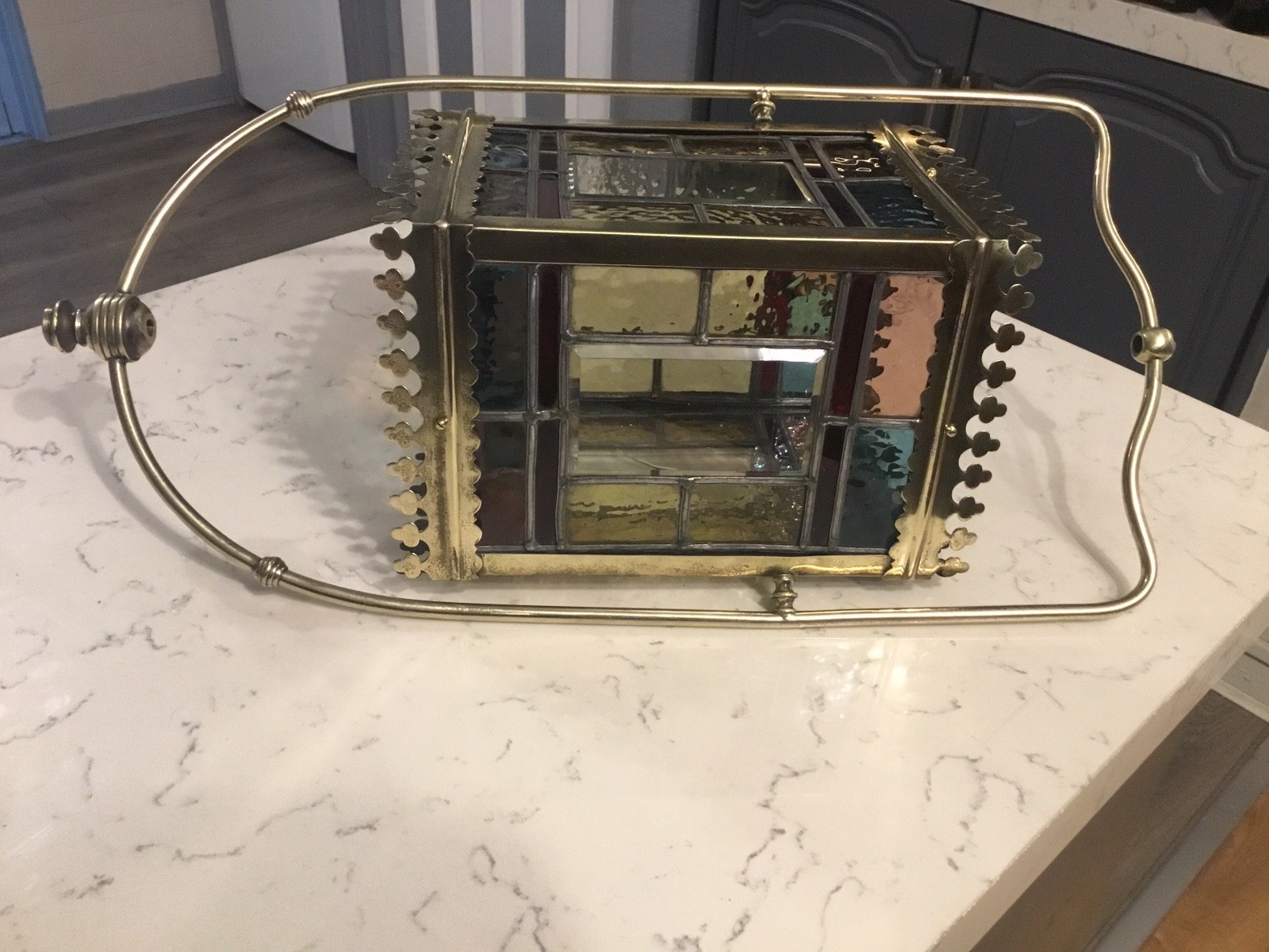 A BEAUTIFUL ANTIQUE BRASS & STAINED GLASS HALL LANTERN ,circa-1870.