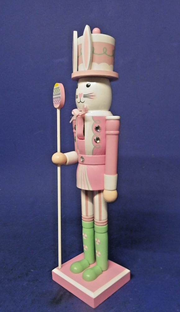 Easter Bunny Pink Wooden Nutcracker w/ Easter Egg Top Hat 14" Tall