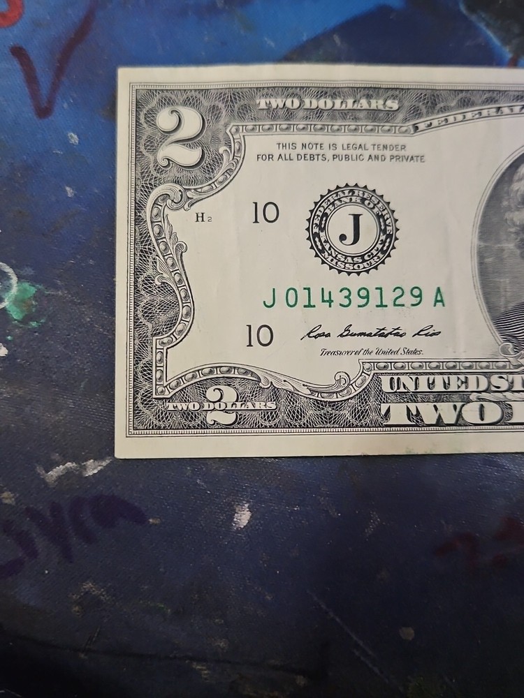 2013 $2 Dollar Bill Note Miscut/ Misaligned Error LOW SERIAL NUMBER #J01439129A