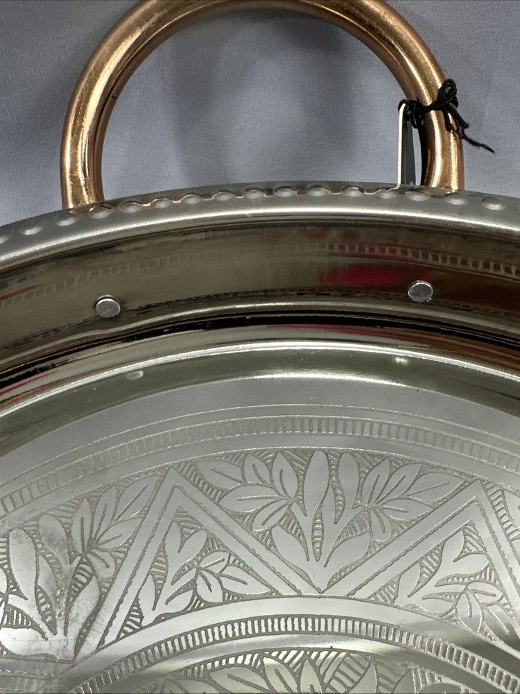 Vintage Large 16.5” Silverplate Silver Round Serving Tray w/Copper Handles India