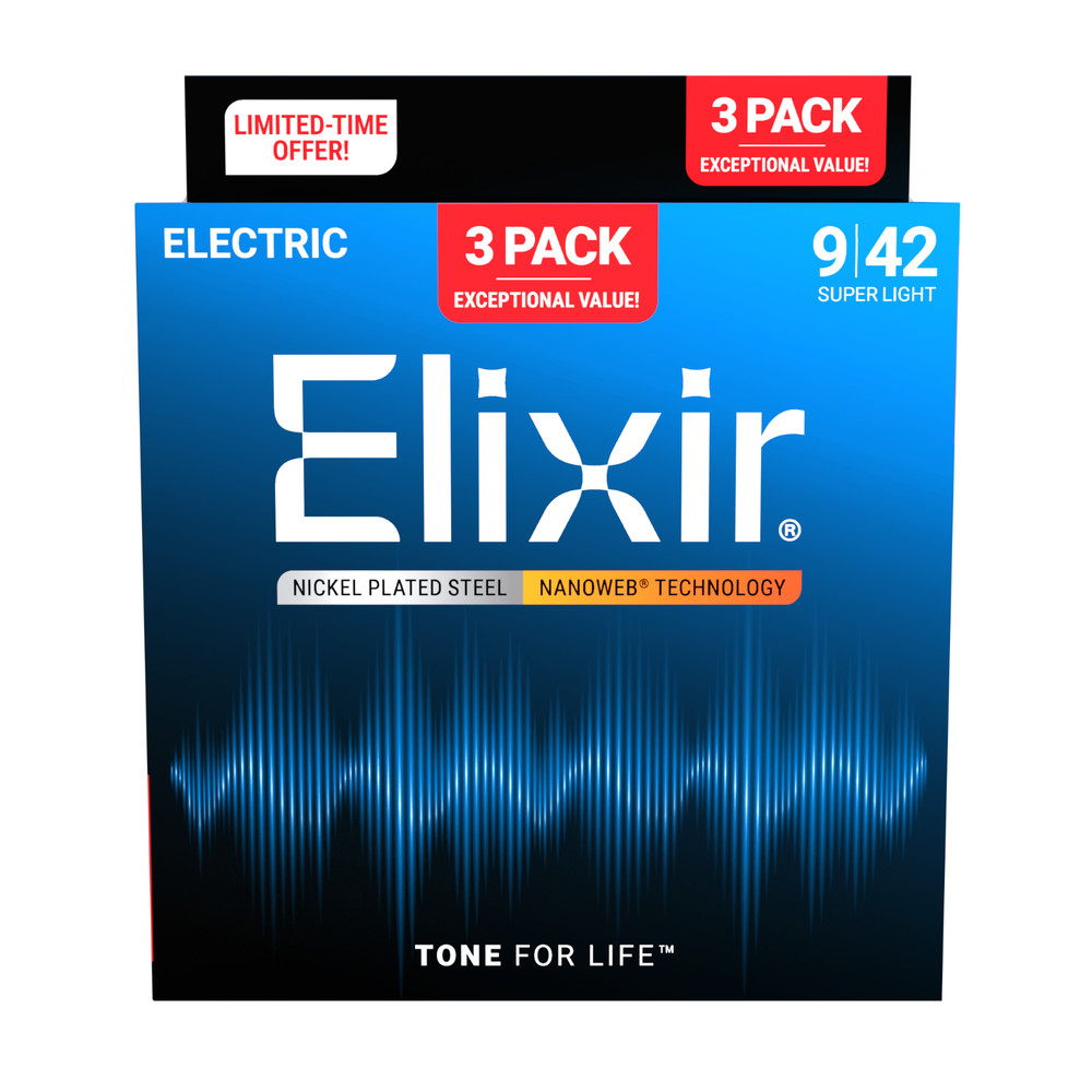 Elixir® 16566 Electric Guitar Strings w/ NANOWEB® Technology gauges 9-42; 3-Pack