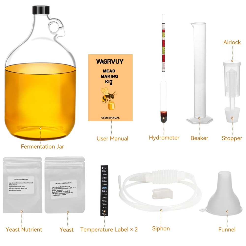 Mead Making Kit for Beginners - Complete Home Brewing Starter Set with Reusable