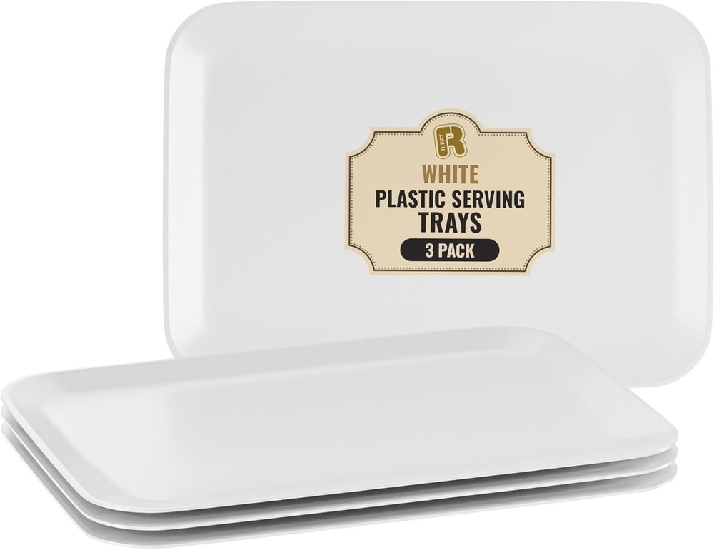 R-kay 3 Pack White Plastic Serving Trays for Party - Rectangular, 8 by 11 in, He