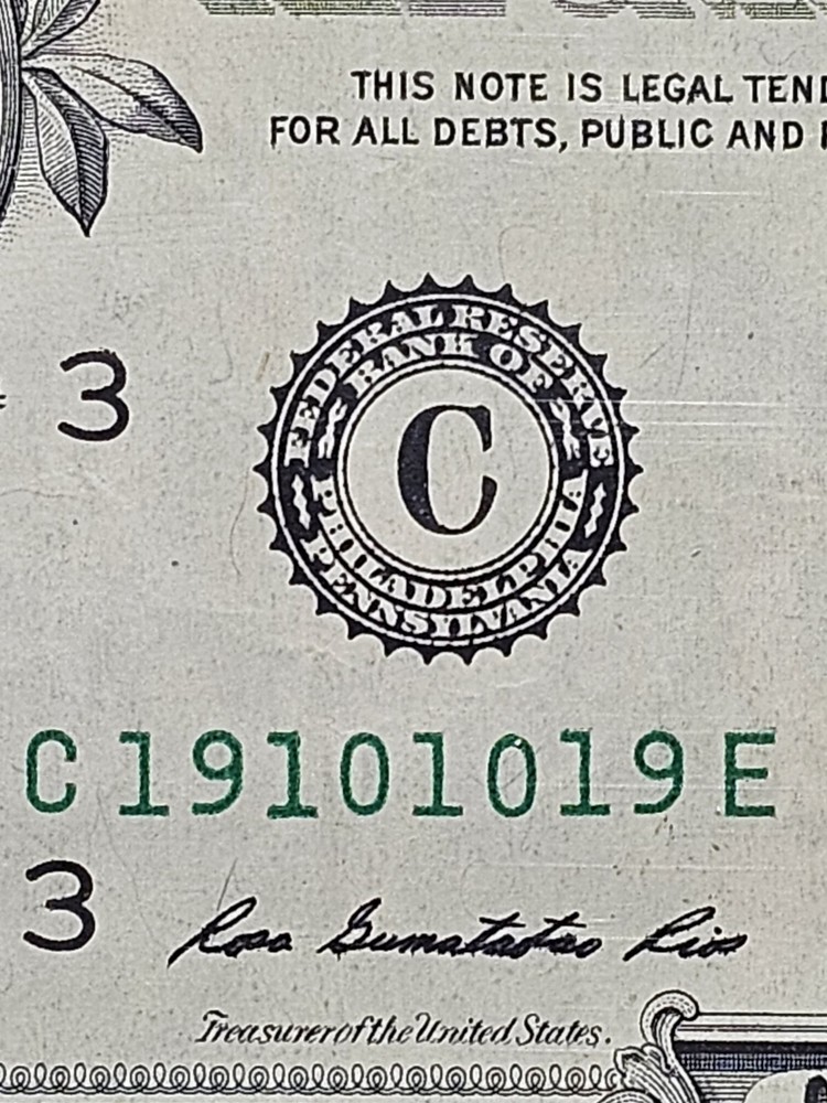 Fancy Serial Number $1 Dollar Trinary Bill C 19101019 E