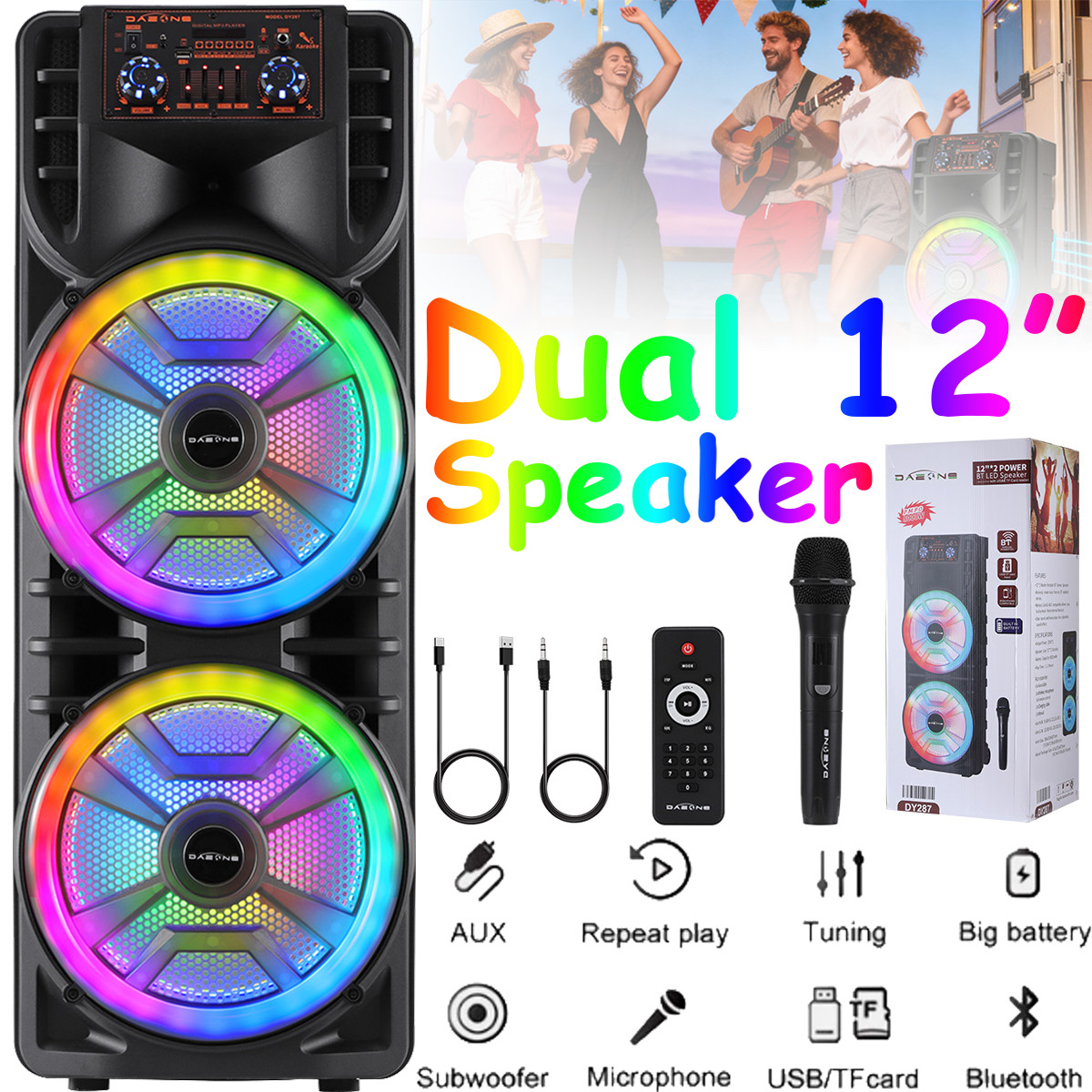 Dual 12" Portable Bluetooth Party Speaker Heavy Bass Sound with Mic FM Karaoke
