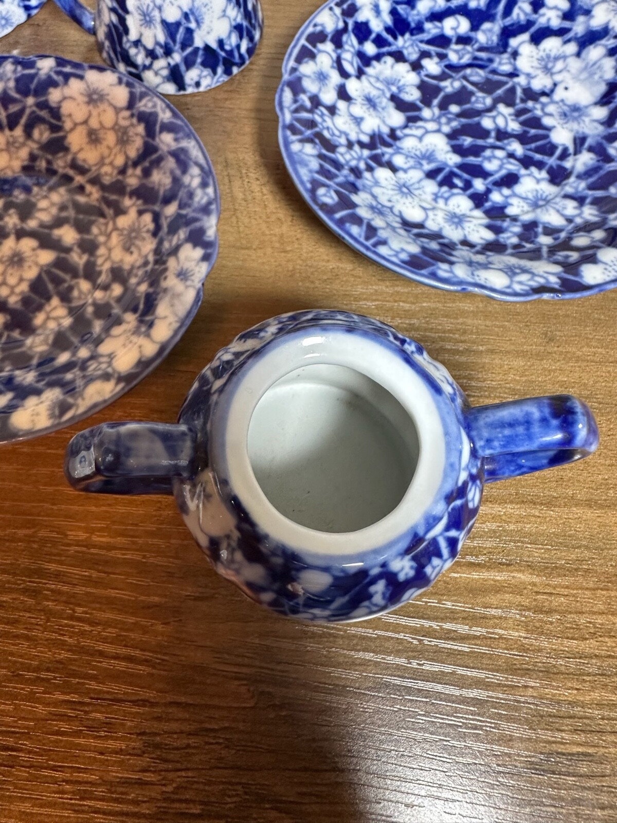 Victoria Ware Stoneware Small Tea Cups Saucers Sugar Creamer Cobalt Flue Floral