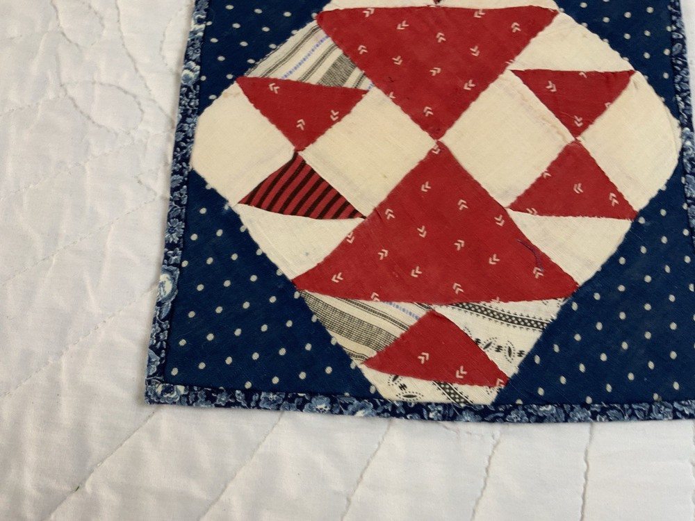 Antique Vintage Patchwork Quilt Table Topper, Four Patch W/ Triangles, Red, Navy