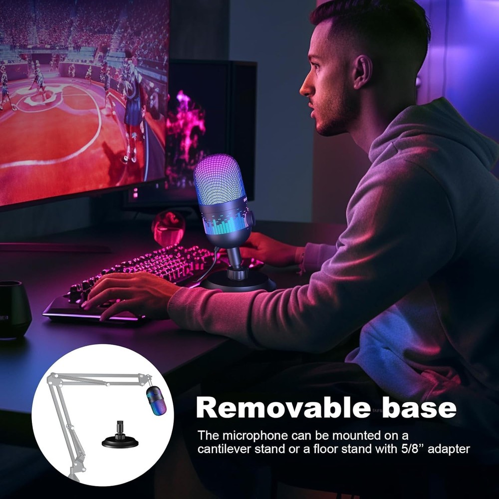 Multi-Device USB Condenser Microphone with Background Noise Reduction & RGB