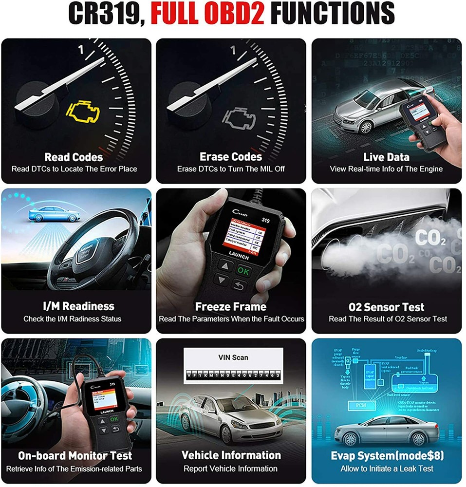 LAUNCH CR319 OBD2 Scanner Diagnostic Tool OBD LIVE DATA Freeze Frame Code Reader
