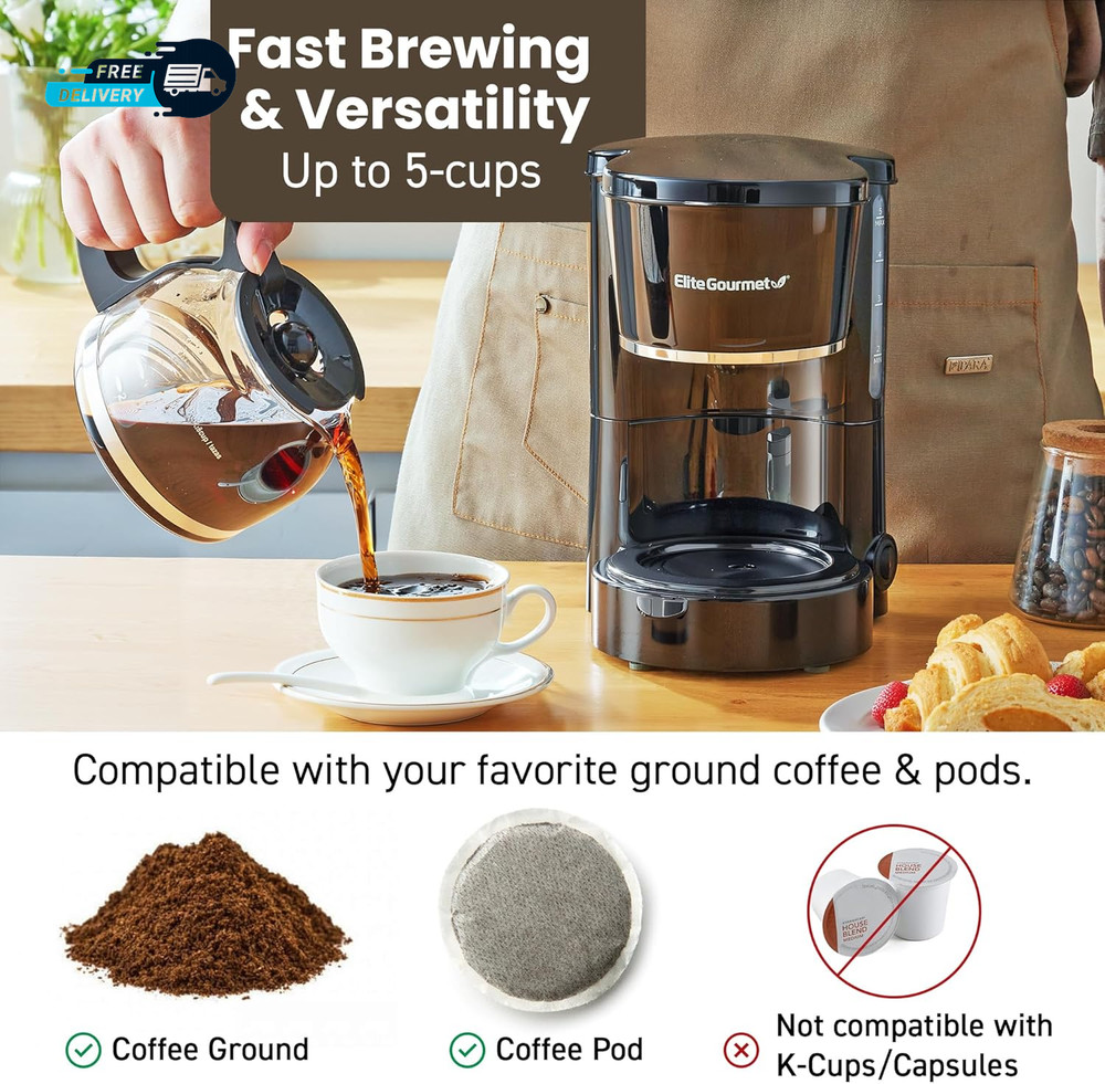 EHC-5055 Automatic 5-Cup Brew & Drip Coffee Maker with Pause N Serve Reusable