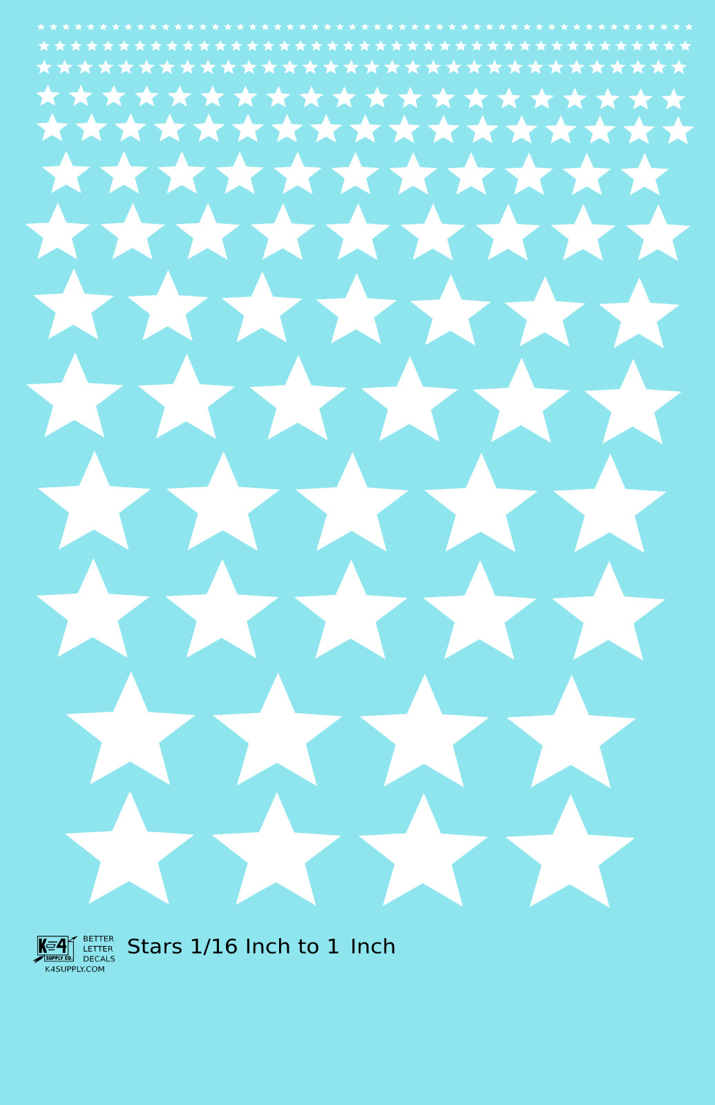K4 All Scales Water Slide Decals Five Point Stars 1/16 To 1 Inch White