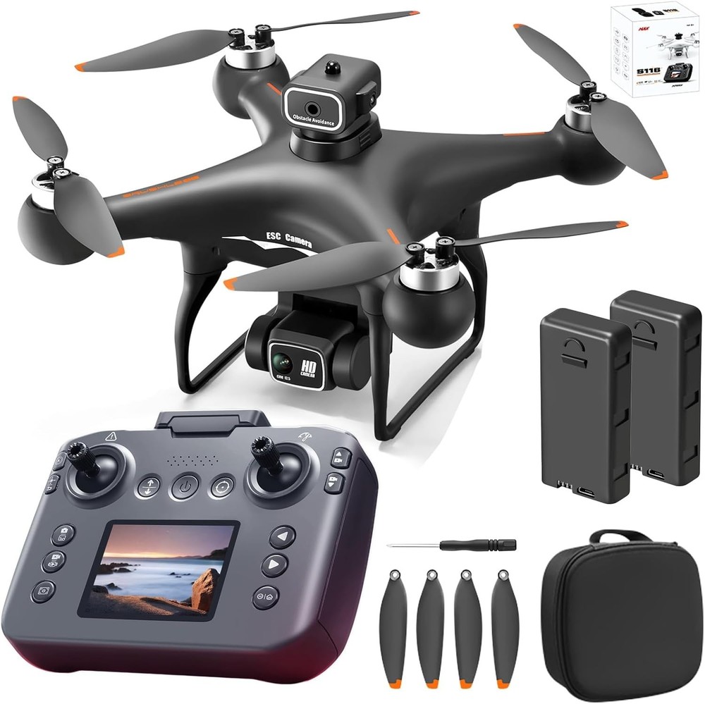 S116 GPS Drone with Screen Controller, 2 Batteries, Obstacle Avoidance, Black