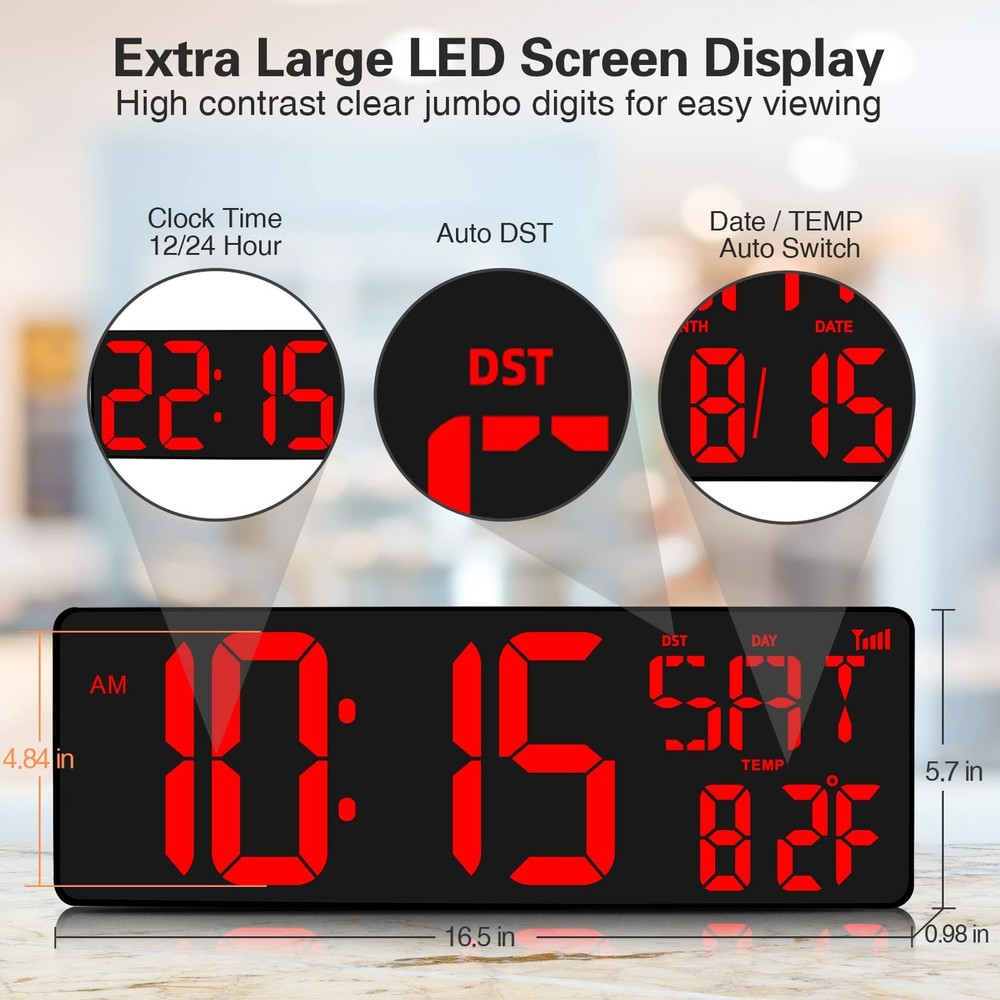 Large Digital Wall Clock WiFi Sync, 16.5 in Large Display Wall Clock with Tem...