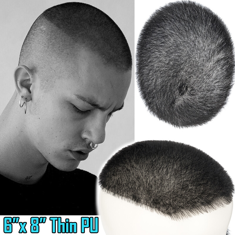 Mens Toupee Hairpiece 100% Human Hair System Thin PU Skin Base Short Buzz Cut US