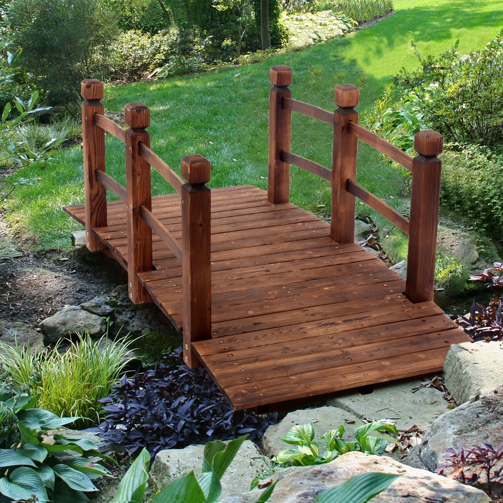 5ft Garden Bridge Classic Wooden Arch w/ Safety Rails Footbridge Decorative Pond