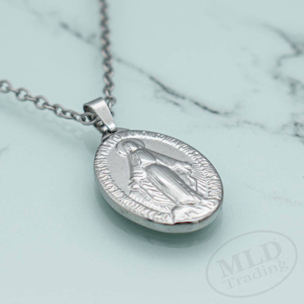 Miraculous Medal Necklace – Stainless Steel Virgin Mary Pendant – 18”+2” Chain