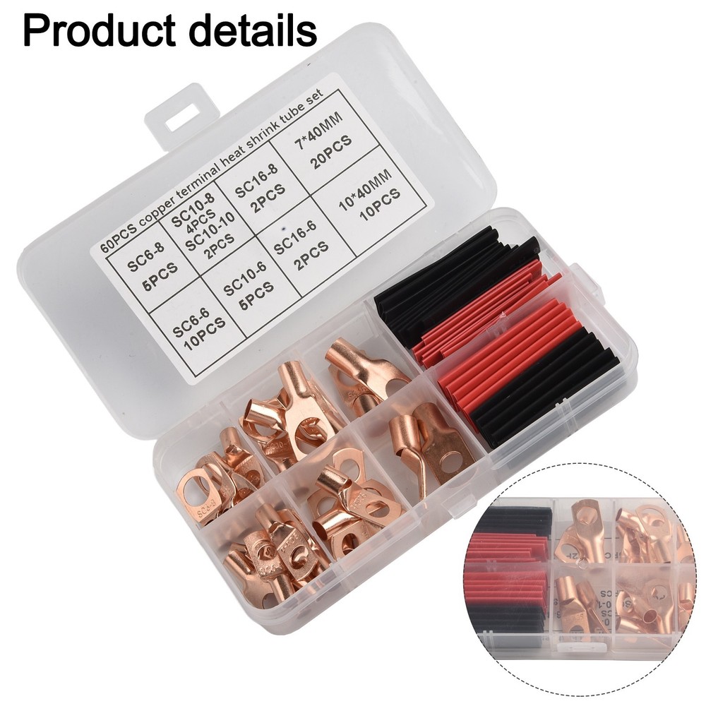 Complete Battery Terminal Copper Ring Terminal Wire Crimp Connector Kit 60pcs