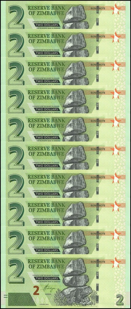 Zimbabwe 2 Dollars, 2016, P-99a.2, UNC X 10 PCS