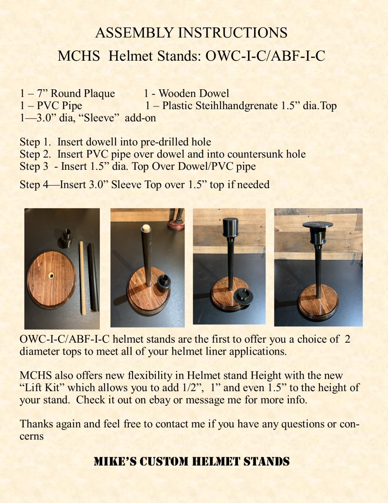 OWC-I-C Helmet Stands w/ height & Finish options, Lg & Sm dia. Tops &"Lift Kit"