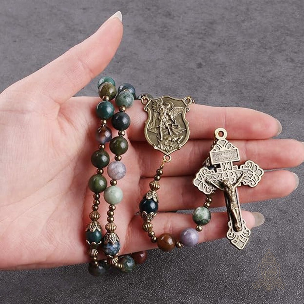 Catholic Town India Agate Natural Stone Beads, Rosary with Caps St Michael medal