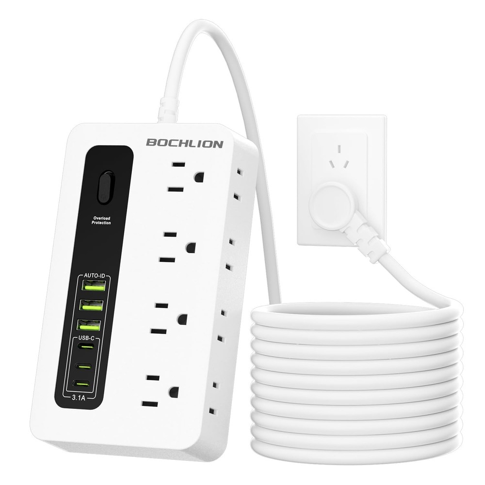 Surge Protector Extension Cord Power Strip Flat Plug 8 Outlets 6 USB White 6FT