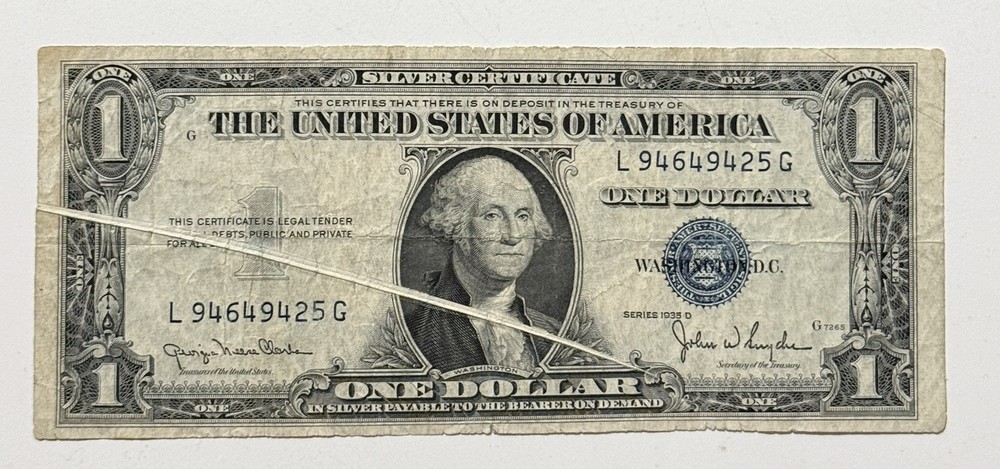 1935D $1 ONE DOLLAR SILVER CERTIFICATE “MAJOR GUTTER FOLD ERROR” Fold Covers 75%