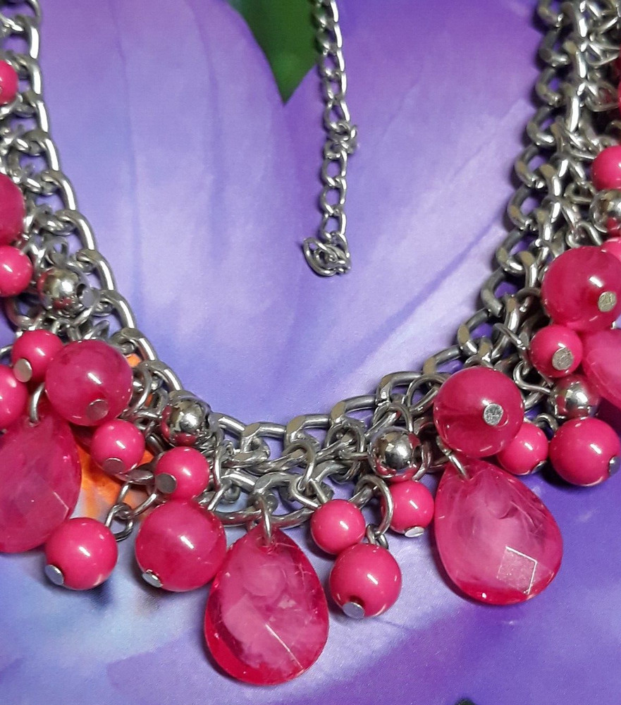 Fuchsia Artisan Lucite Dangle Multi Bead Necklace