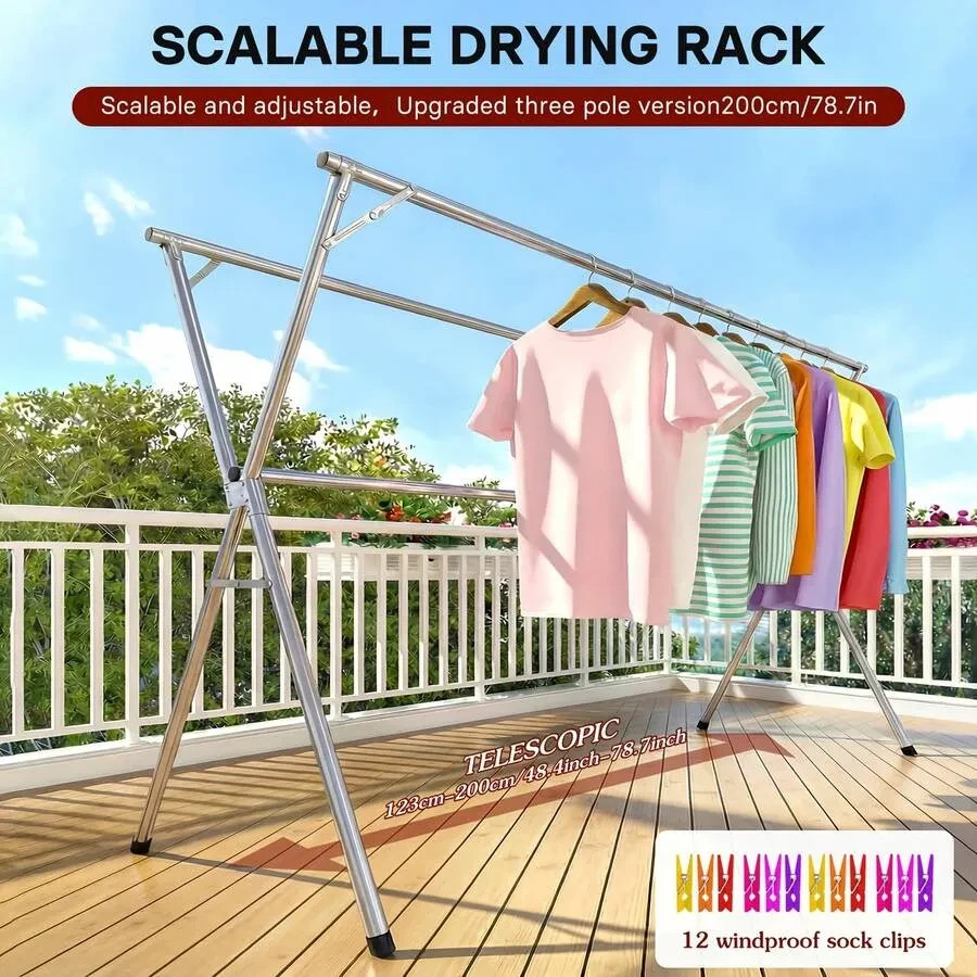 Three-Bar Foldable Clothes Drying Rack 78.7" Two Types, Retractable Leng