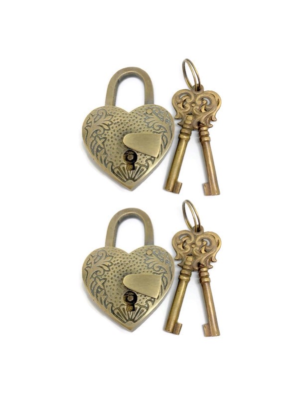 2 Solid Brass Love Heart Padlocks – Heavy Antique Style Locks with 4 Working Key
